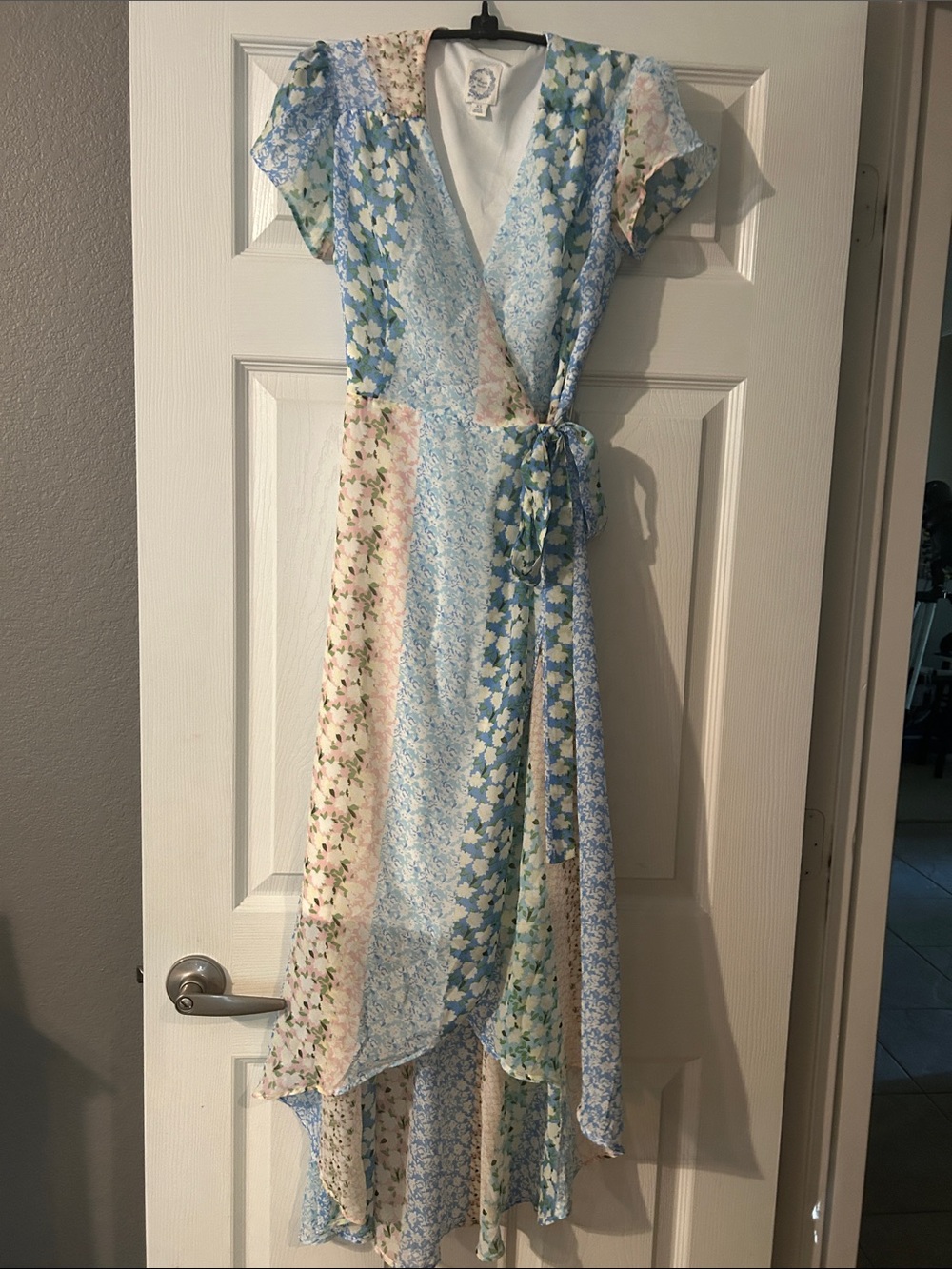 Blue Rain Pastel Patchwork Floral Wrap High-Low Dress - Blue, Cream, Green